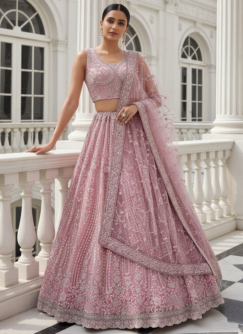 Net Pink Wedding Wear Embroidery Work Lehenga Choli 387447