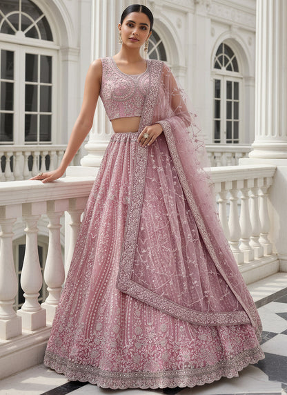 Net Pink Wedding Wear Embroidery Work Lehenga Choli 387447