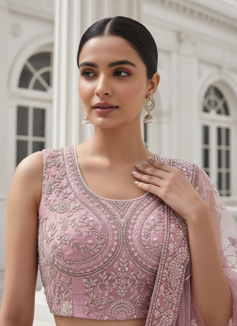 Net Pink Wedding Wear Embroidery Work Lehenga Choli 387447