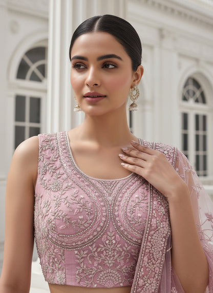 Net Pink Wedding Wear Embroidery Work Lehenga Choli 387447