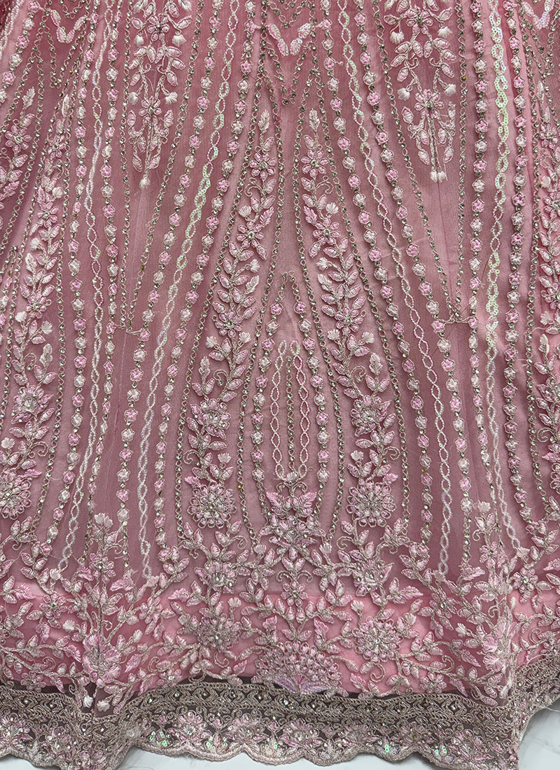 Net Pink Wedding Wear Embroidery Work Lehenga Choli 387447