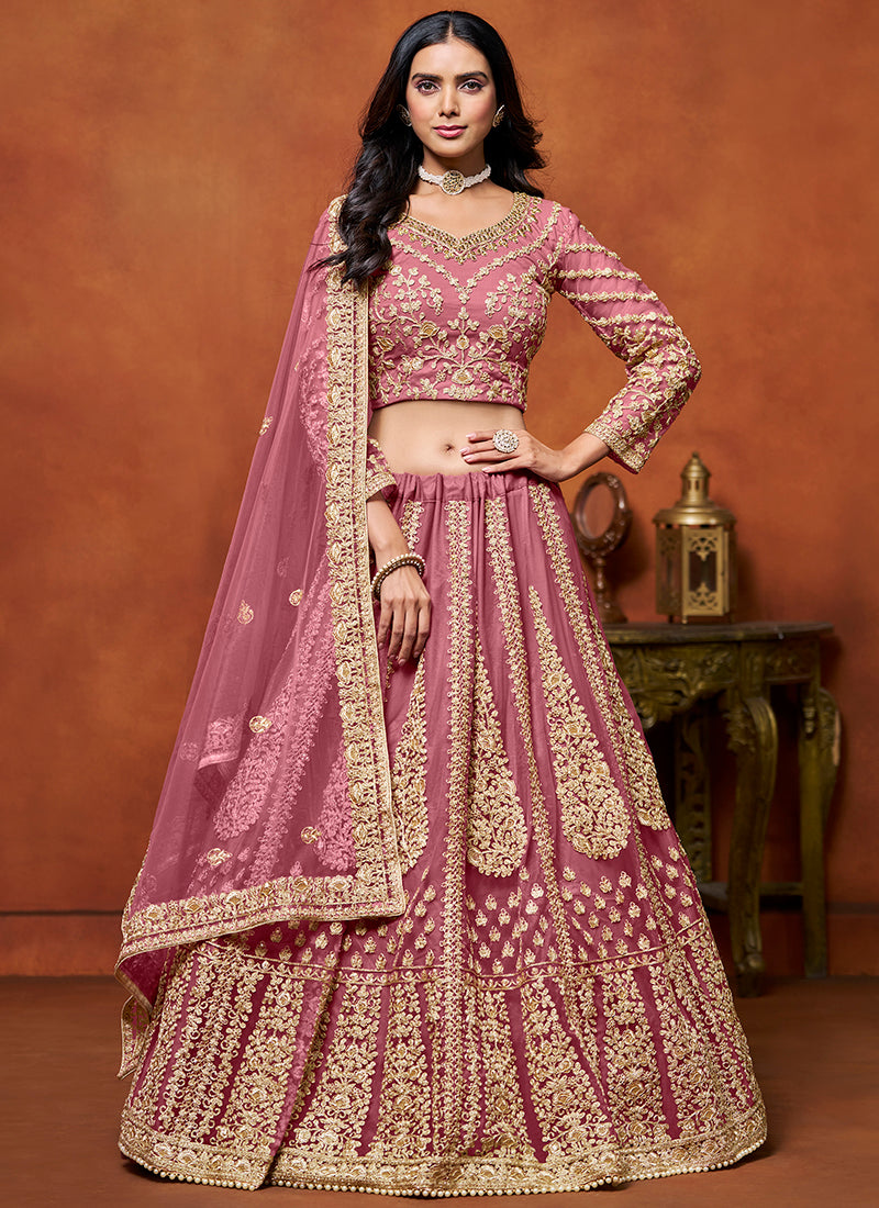386707 Net Pink Wedding Wear Zari Embroidery Work Lehenga Choli