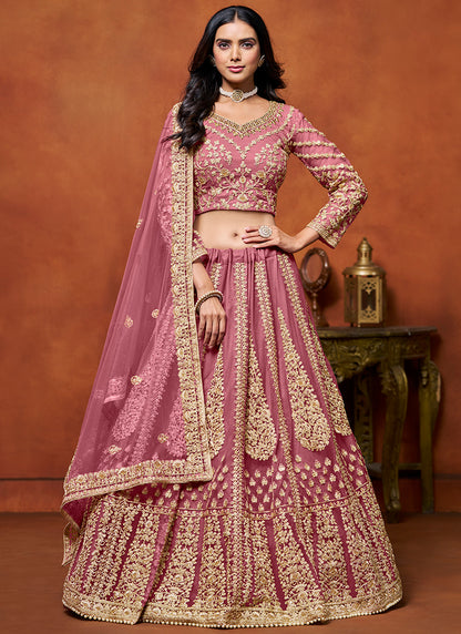 386707 Net Pink Wedding Wear Zari Embroidery Work Lehenga Choli