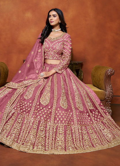 386707 Net Pink Wedding Wear Zari Embroidery Work Lehenga Choli