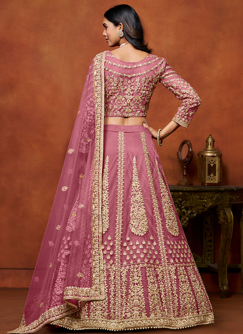 386707 Net Pink Wedding Wear Zari Embroidery Work Lehenga Choli