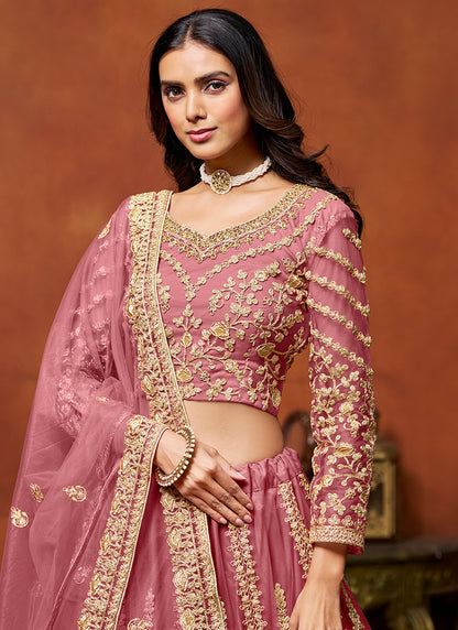 386707 Net Pink Wedding Wear Zari Embroidery Work Lehenga Choli