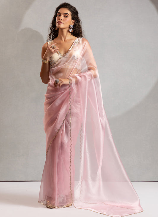 Organza Pink Saree with Border Work for Designer Wear 380336
