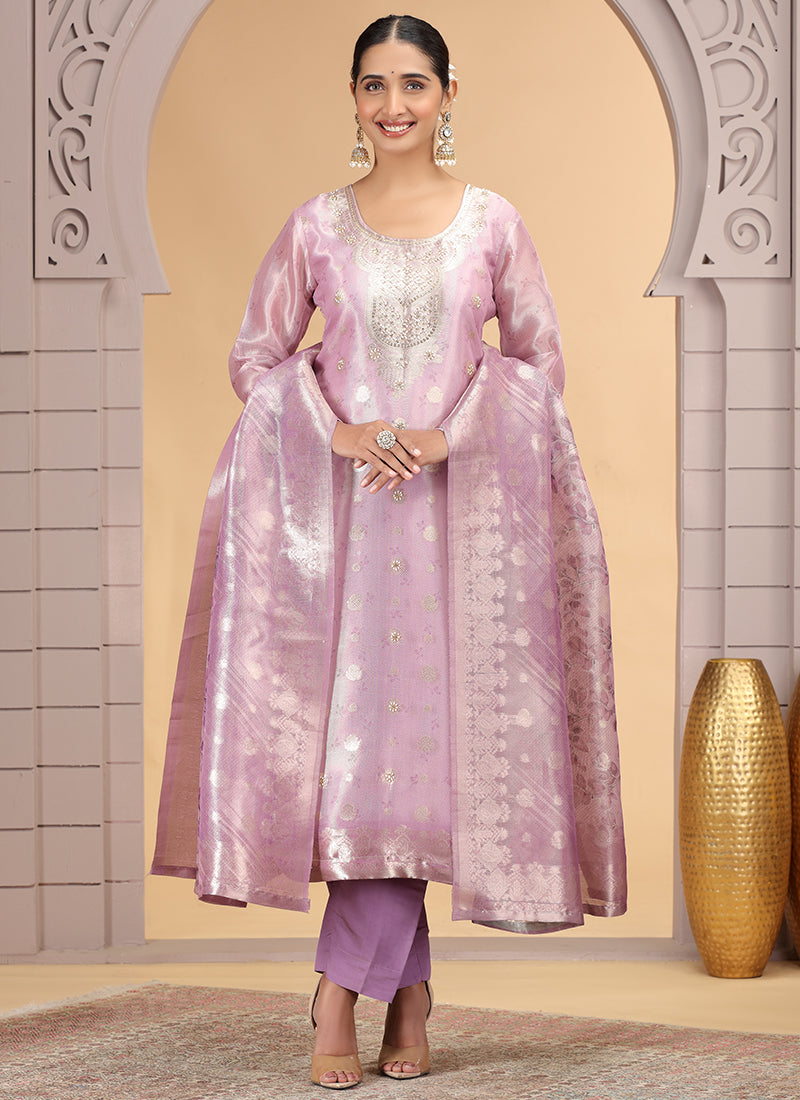 Organza Jacquard Pink Party Wear Pattern Pc Work Readymade Salwar Suit 386177