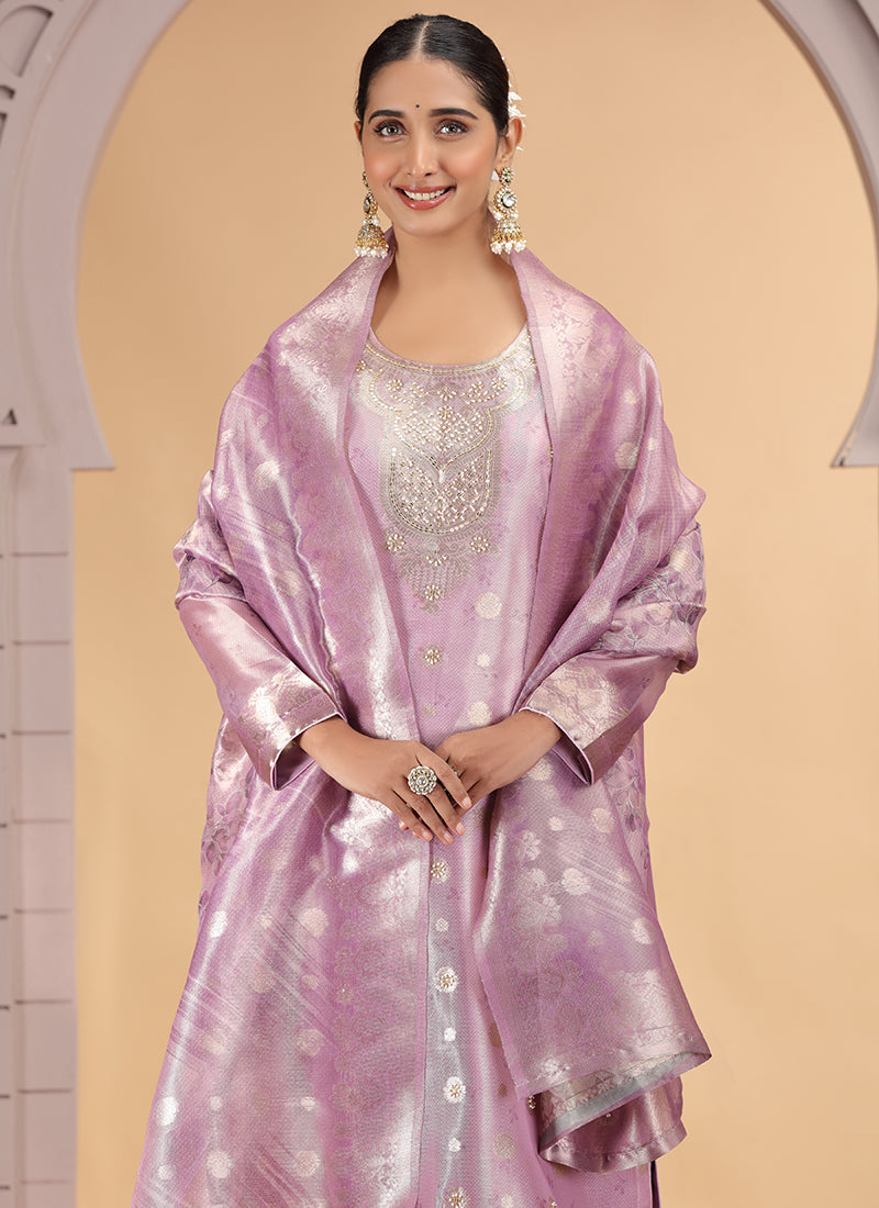 Organza Jacquard Pink Party Wear Pattern Pc Work Readymade Salwar Suit 386177