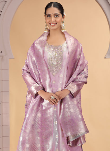 Organza Jacquard Pink Party Wear Pattern Pc Work Readymade Salwar Suit 386177