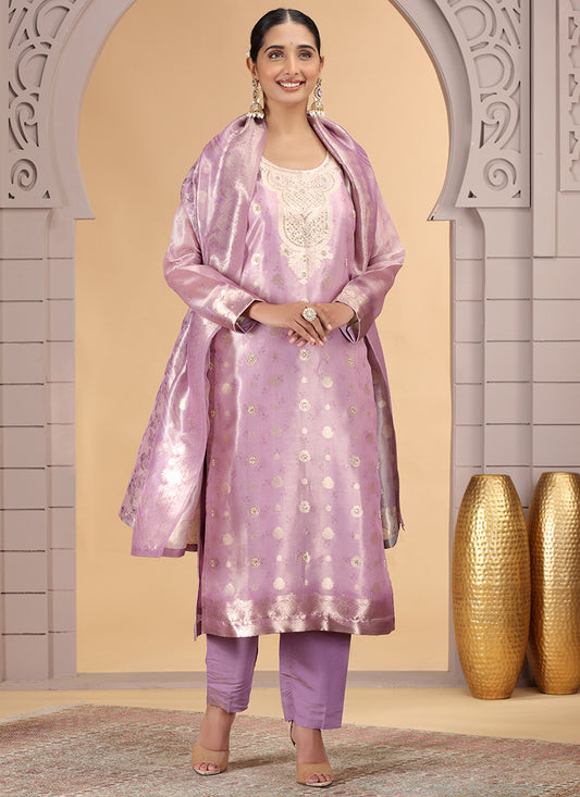 Organza Jacquard Pink Party Wear Pattern Pc Work Readymade Salwar Suit 386177