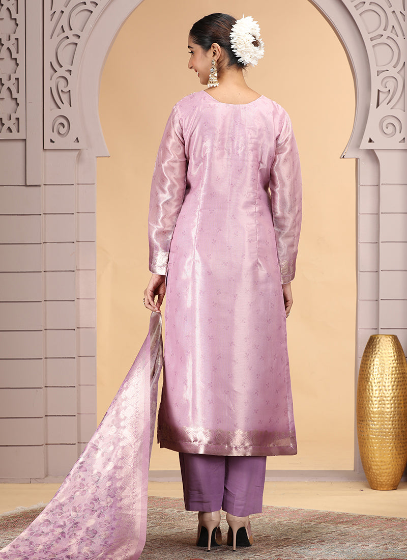 Organza Jacquard Pink Party Wear Pattern Pc Work Readymade Salwar Suit 386177