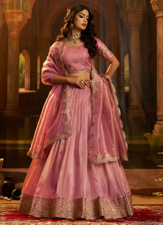 Organza Pink Party Wear Zari Sequins Work Lehenga Choli 388599