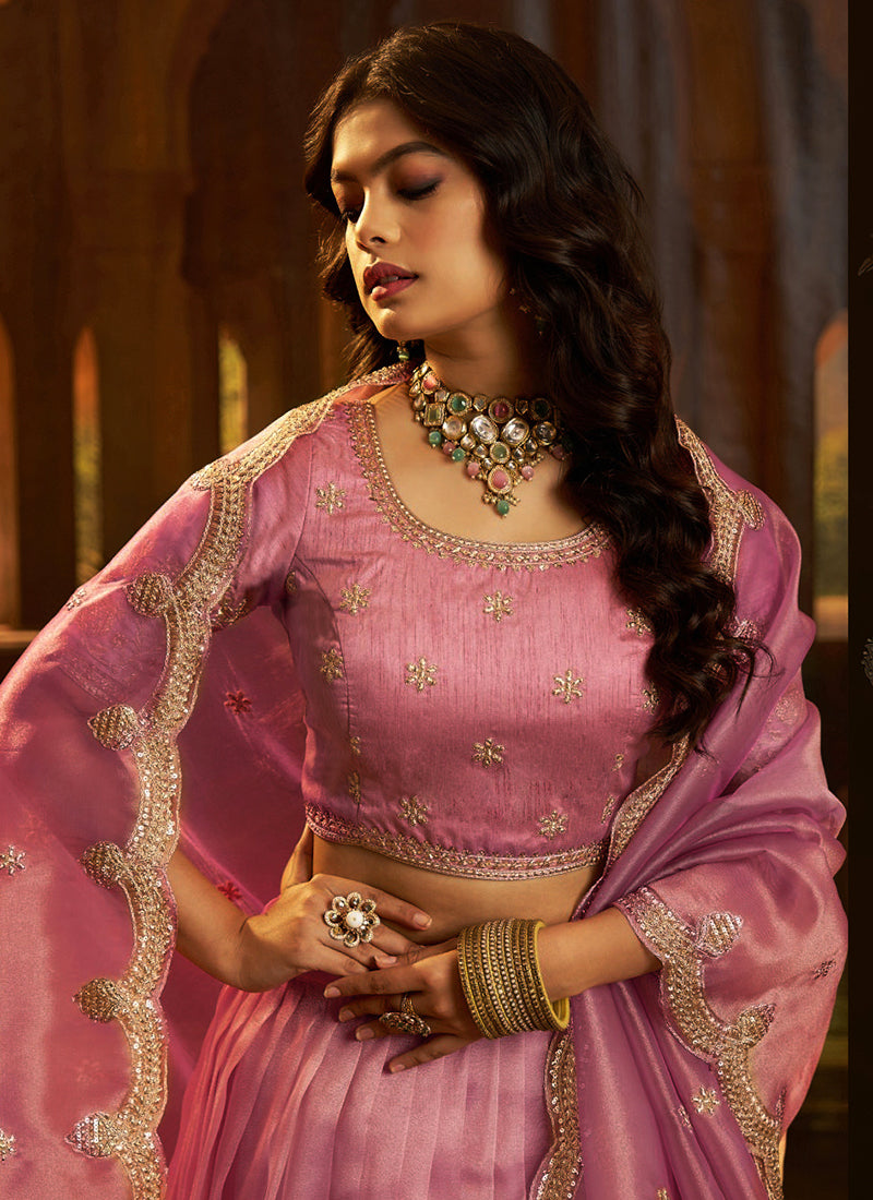 Organza Pink Party Wear Zari Sequins Work Lehenga Choli 388599