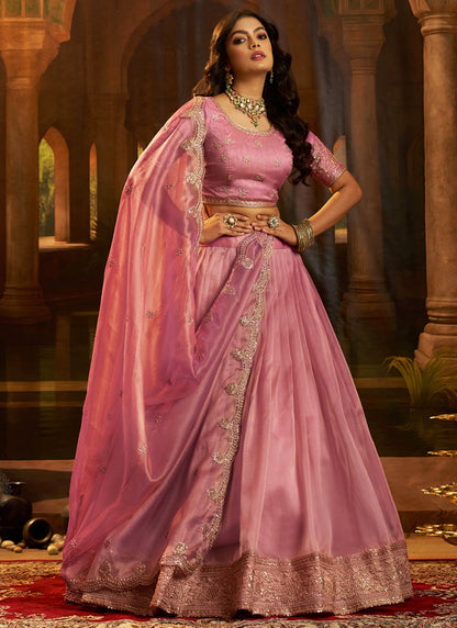 Organza Pink Party Wear Zari Sequins Work Lehenga Choli 388599