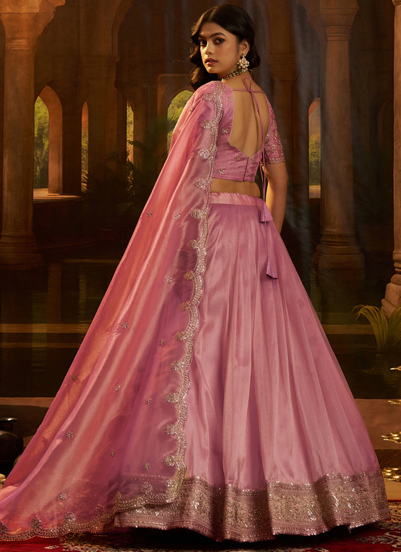 Organza Pink Party Wear Zari Sequins Work Lehenga Choli 388599