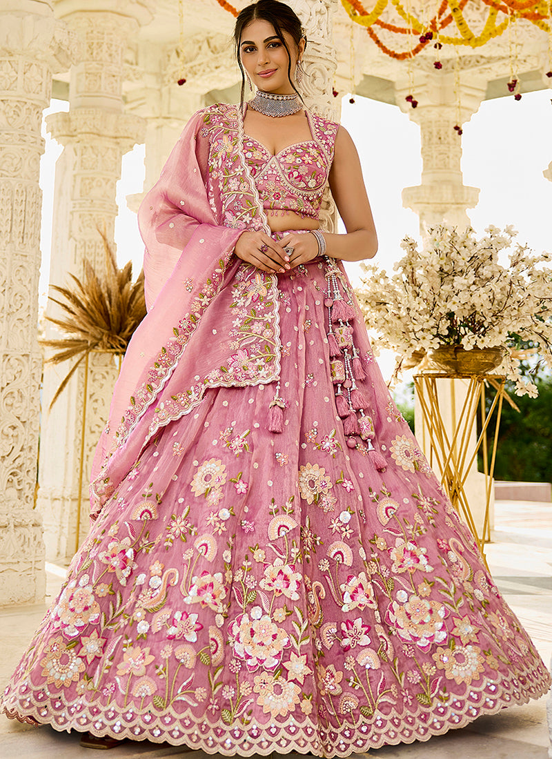 Organza Pink Wedding Wear Heavy Embroidery Readymade Lehenga Choli