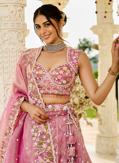 Organza Pink Wedding Wear Heavy Embroidery Readymade Lehenga Choli