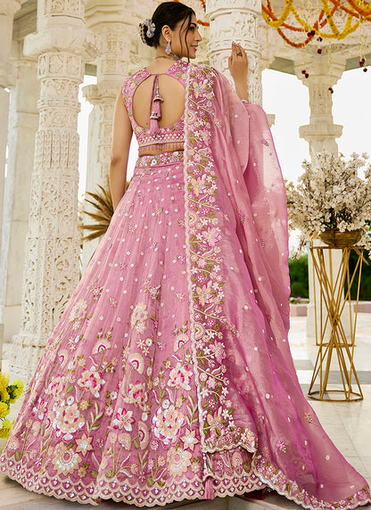 Organza Pink Wedding Wear Heavy Embroidery Readymade Lehenga Choli