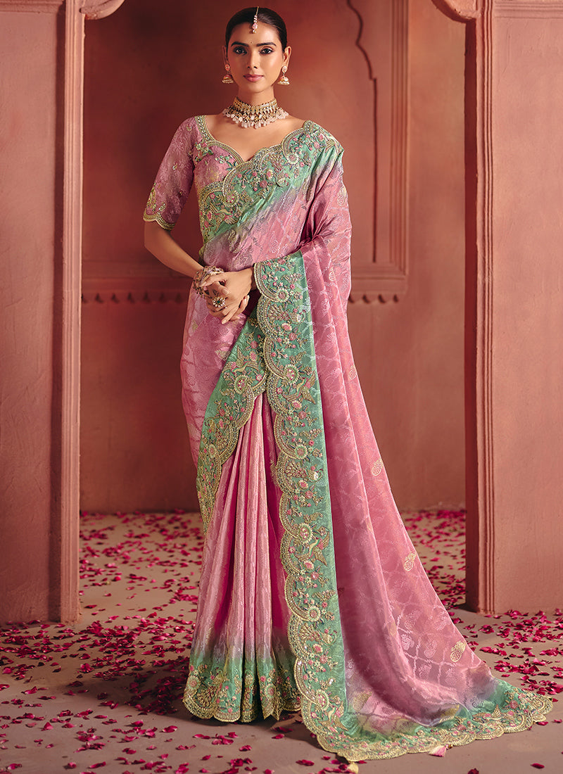 Pink Pure Smooth Zari Silk Embroidery Work Wedding Wear Saree SW370574