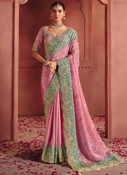 Pink Pure Smooth Zari Silk Embroidery Work Wedding Wear Saree SW370574