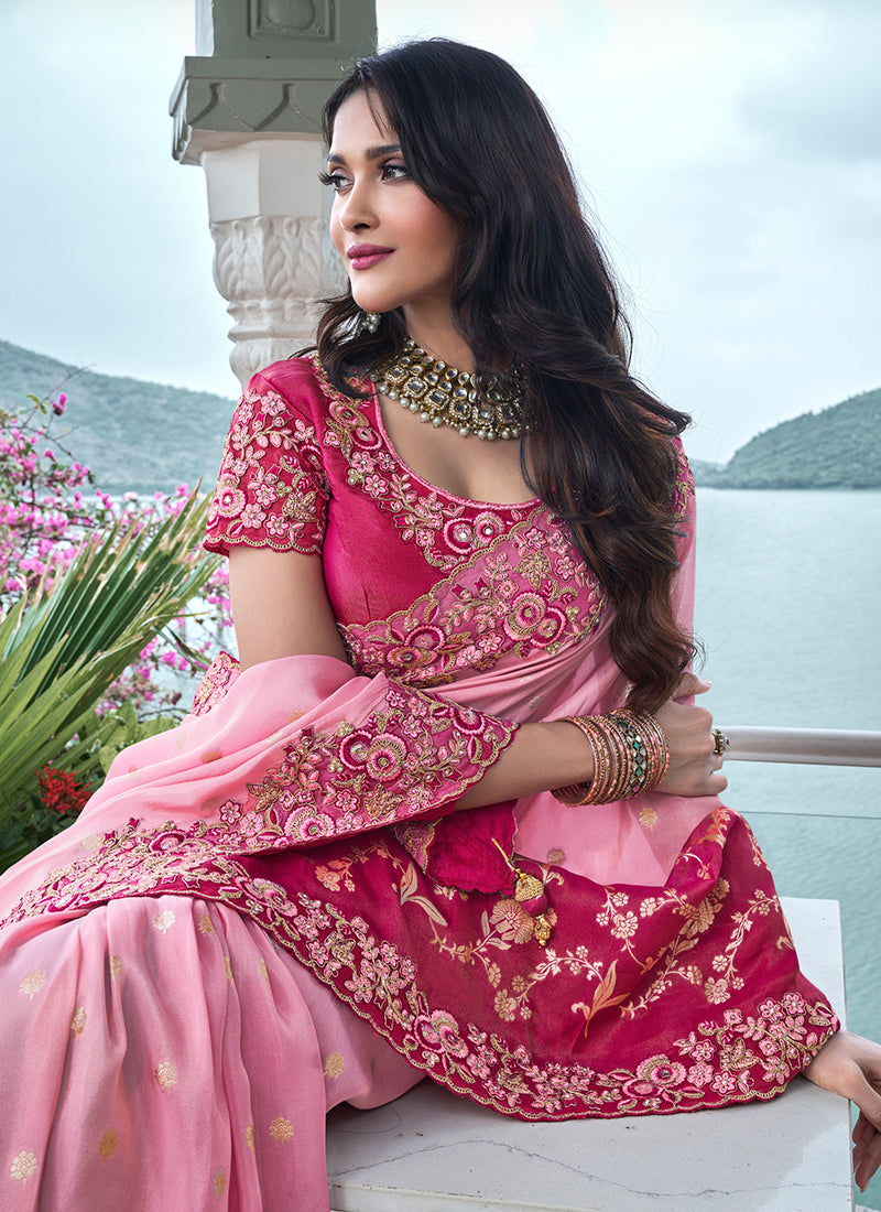 Pink Pure Tissue Silk Embroidery Work Occasional Wear Saree SW653504