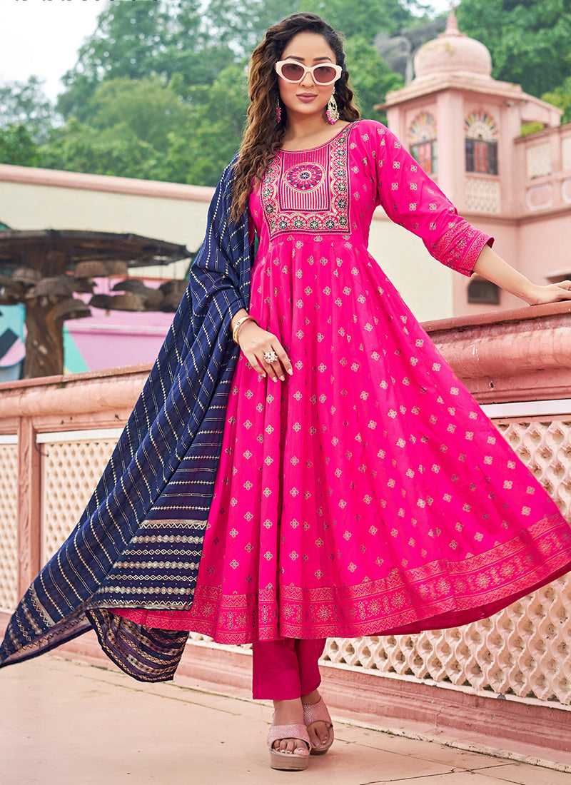 Rayon Pink Casual Wear Sequin Work Readymade Anarkali Suit 382161