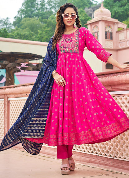 Rayon Pink Casual Wear Sequin Work Readymade Anarkali Suit 382161