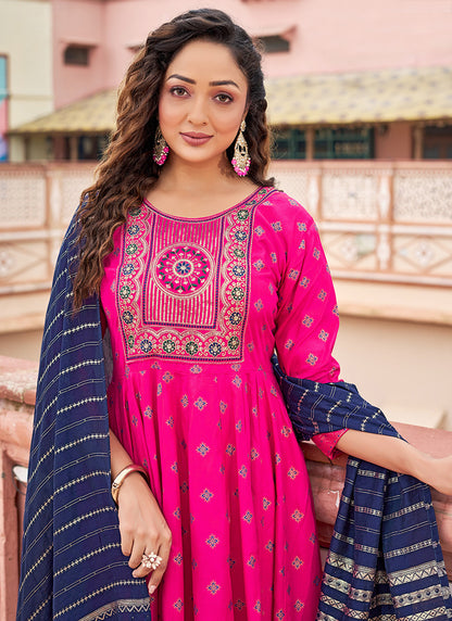 Rayon Pink Casual Wear Sequin Work Readymade Anarkali Suit 382161