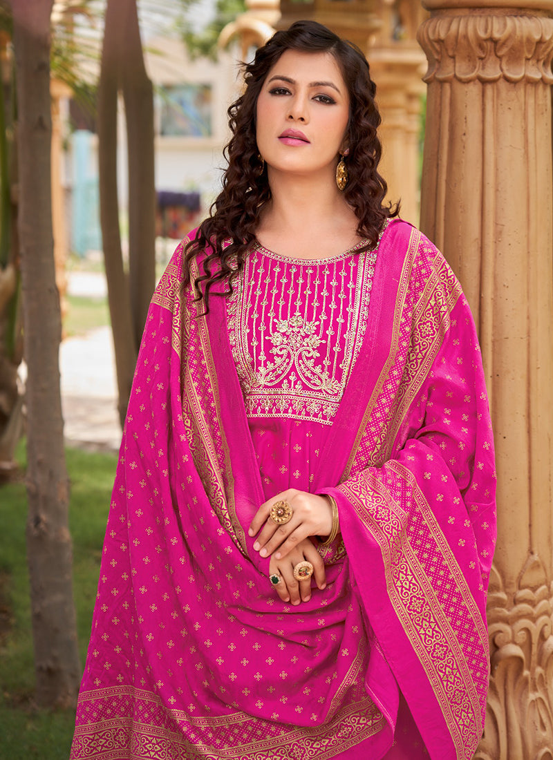 Rayon Pink Casual Wear Sequin Work Readymade Anarkali Suit 380557