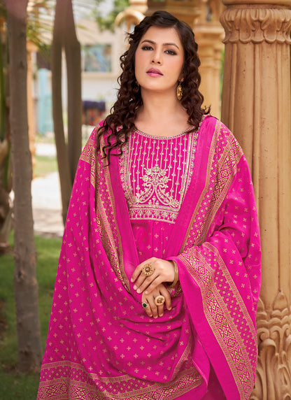 Rayon Pink Casual Wear Sequin Work Readymade Anarkali Suit 380557