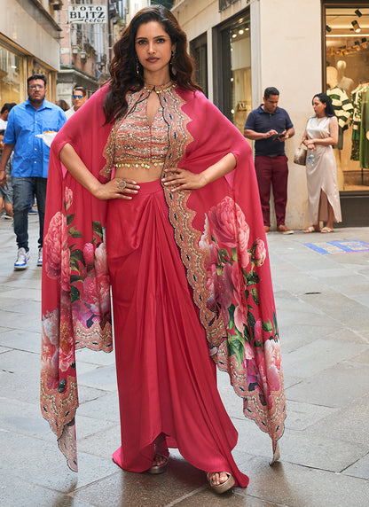 Real French Crepe Silk Pink Party Wear Digital Print Work Readymade Designer Plazzo Suit 387224