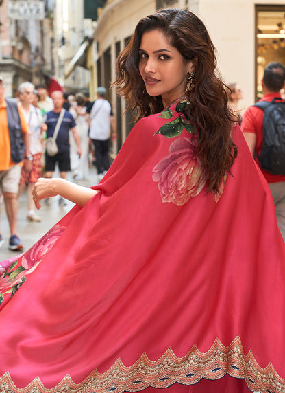 Real French Crepe Silk Pink Party Wear Digital Print Work Readymade Designer Plazzo Suit 387224