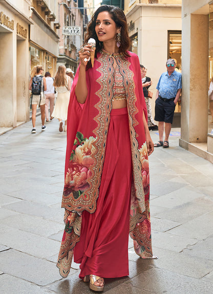 Real French Crepe Silk Pink Party Wear Digital Print Work Readymade Designer Plazzo Suit 387224