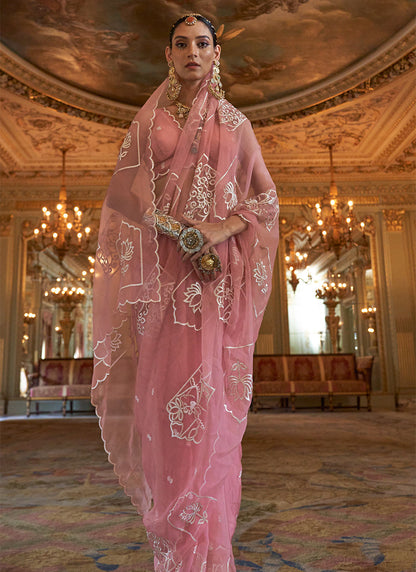 Ruby Chiffon Pink Festival Wear Thread Embroidery Work Designer Saree 388262