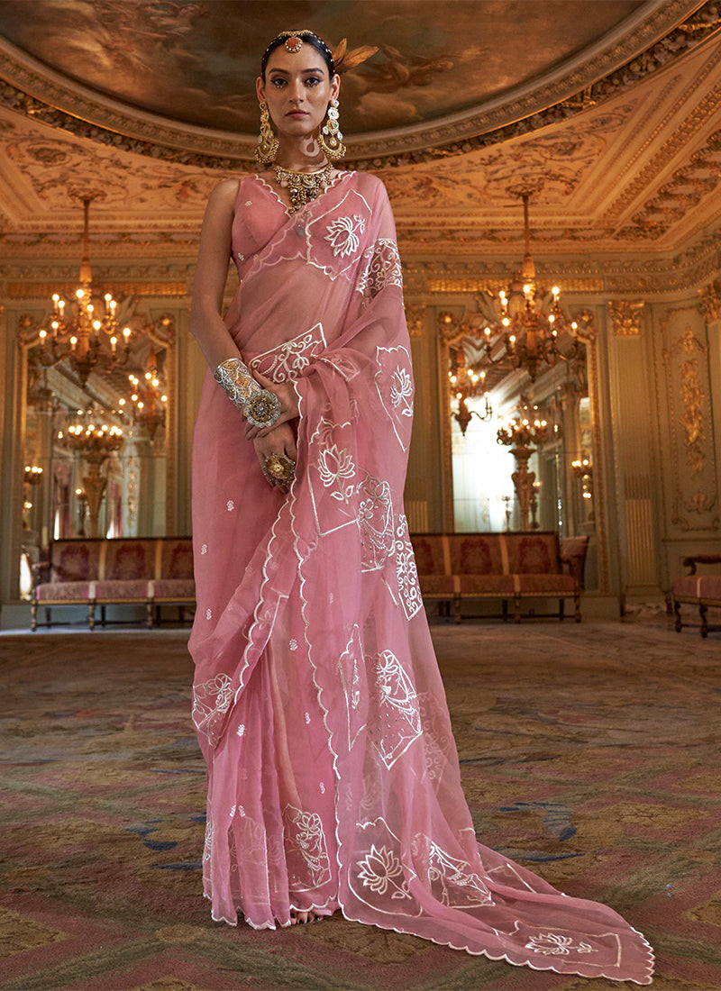 Ruby Chiffon Pink Festival Wear Thread Embroidery Work Designer Saree 388262