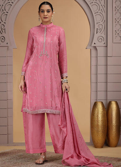 Satin Silk Pink Party Wear Pattern Pc Work Readymade Salwar Suit 386172