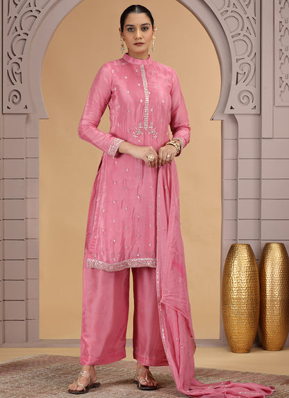 Satin Silk Pink Party Wear Pattern Pc Work Readymade Salwar Suit 386172