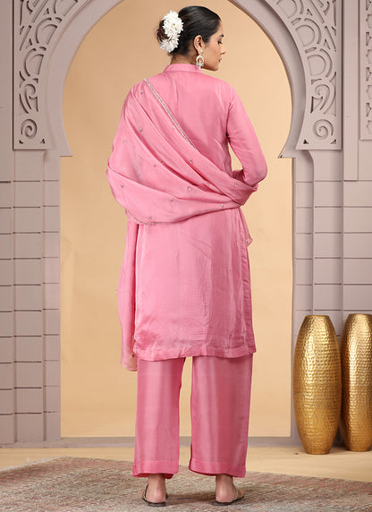 Satin Silk Pink Party Wear Pattern Pc Work Readymade Salwar Suit 386172
