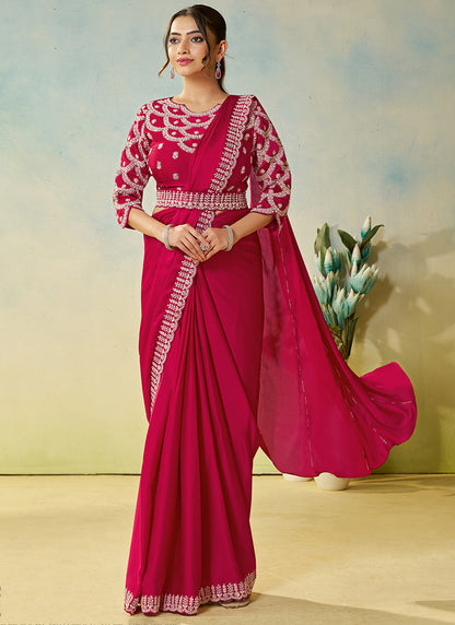 Pink Satin Silk Sequin Work Party Wear Ready To Wear Saree SW250884