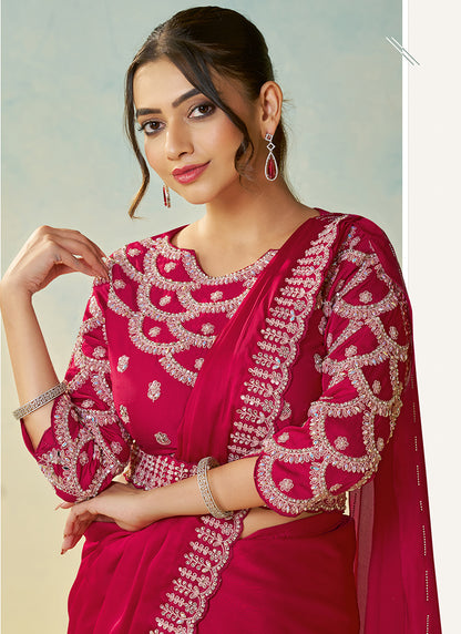 Pink Satin Silk Sequin Work Party Wear Ready To Wear Saree SW250884