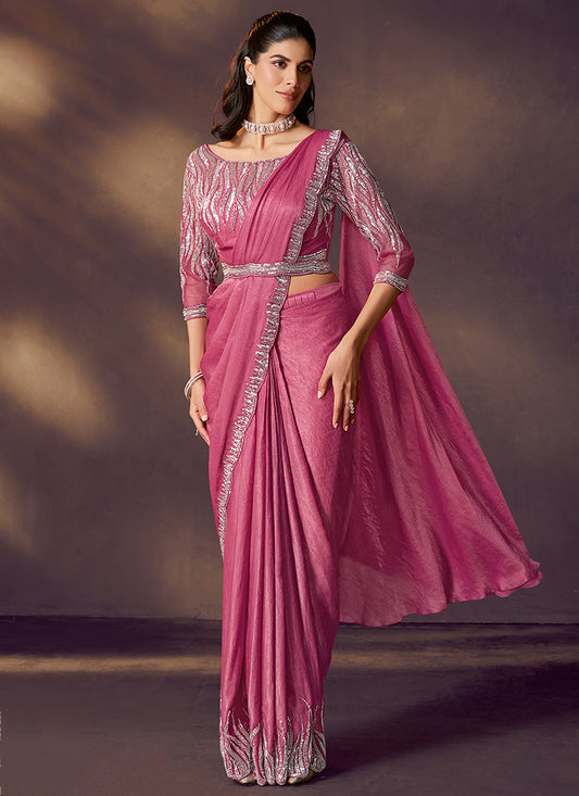 Satin Silk Pink Wedding Wear Sequin Work Ready To Wear Saree 386135