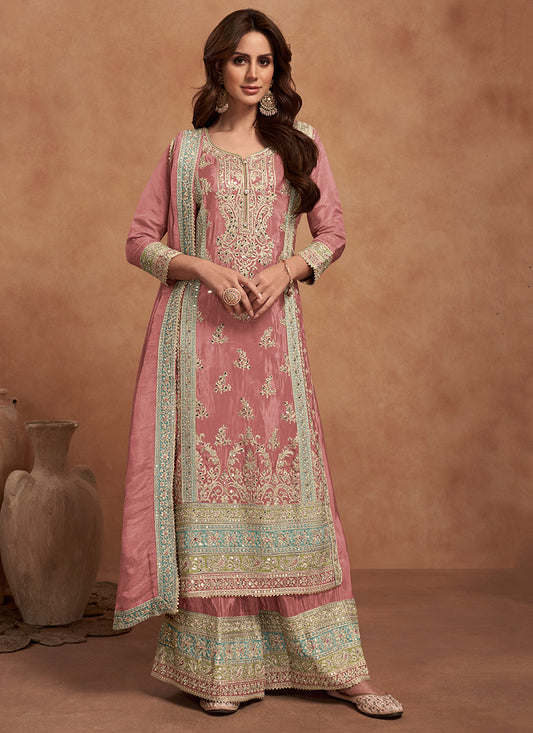 Pink Shimmer Silk Embroidery Work Festival Wear Readymade Plazzo Suit SW449832