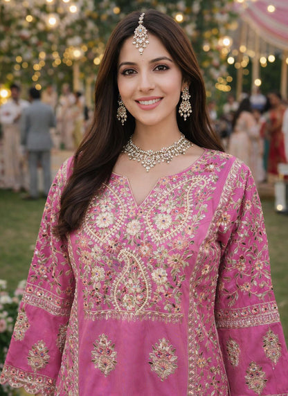 Pink Shimmer Silk Embroidery Work Festival Wear Readymade Plazzo Suit SW797098