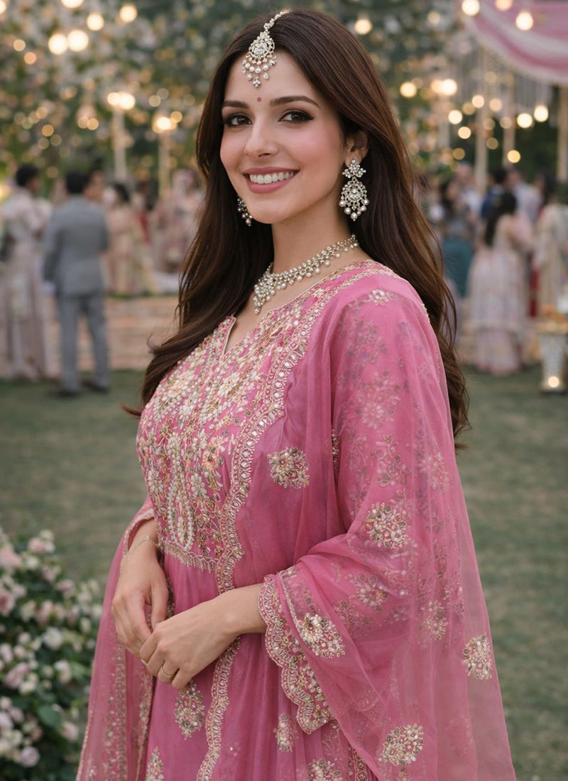 Pink Shimmer Silk Embroidery Work Festival Wear Readymade Plazzo Suit SW797098