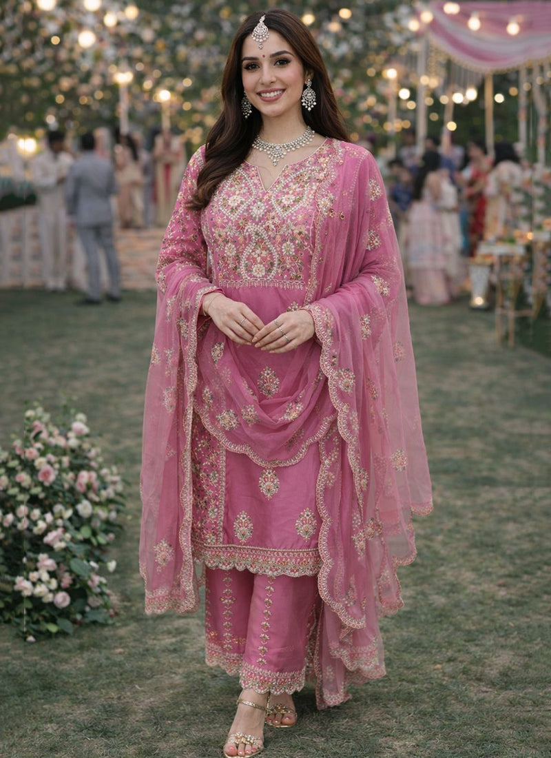 Pink Shimmer Silk Embroidery Work Festival Wear Readymade Plazzo Suit SW797098