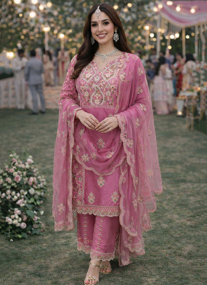 Pink Shimmer Silk Embroidery Work Festival Wear Readymade Plazzo Suit SW797098