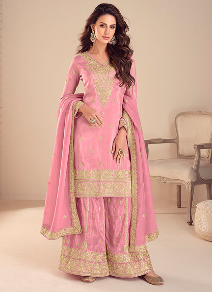 Pink Shimmer Silk Sequins Work  Occasional Wear Readymade Plazzo Suit SW475186