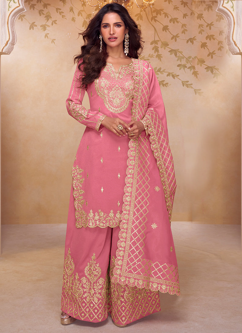 Shimmer Silk Pink Party Wear Sequin Embroidery Work Readymade Ethnic Plazzo Suit 387229