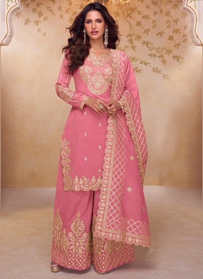 Shimmer Silk Pink Party Wear Sequin Embroidery Work Readymade Ethnic Plazzo Suit 387229